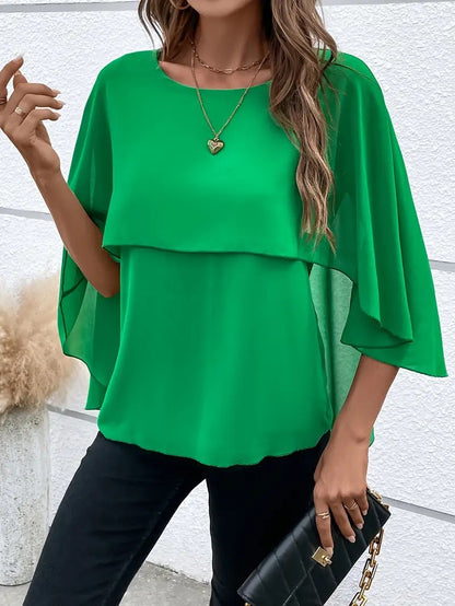 Women's All-match Round Neck Solid Color Layered Cape Sleeve Chiffon Shirt