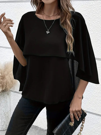 Women's All-match Round Neck Solid Color Layered Cape Sleeve Chiffon Shirt