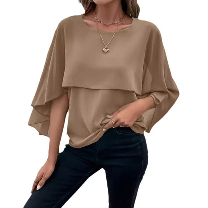 Women's All-match Round Neck Solid Color Layered Cape Sleeve Chiffon Shirt