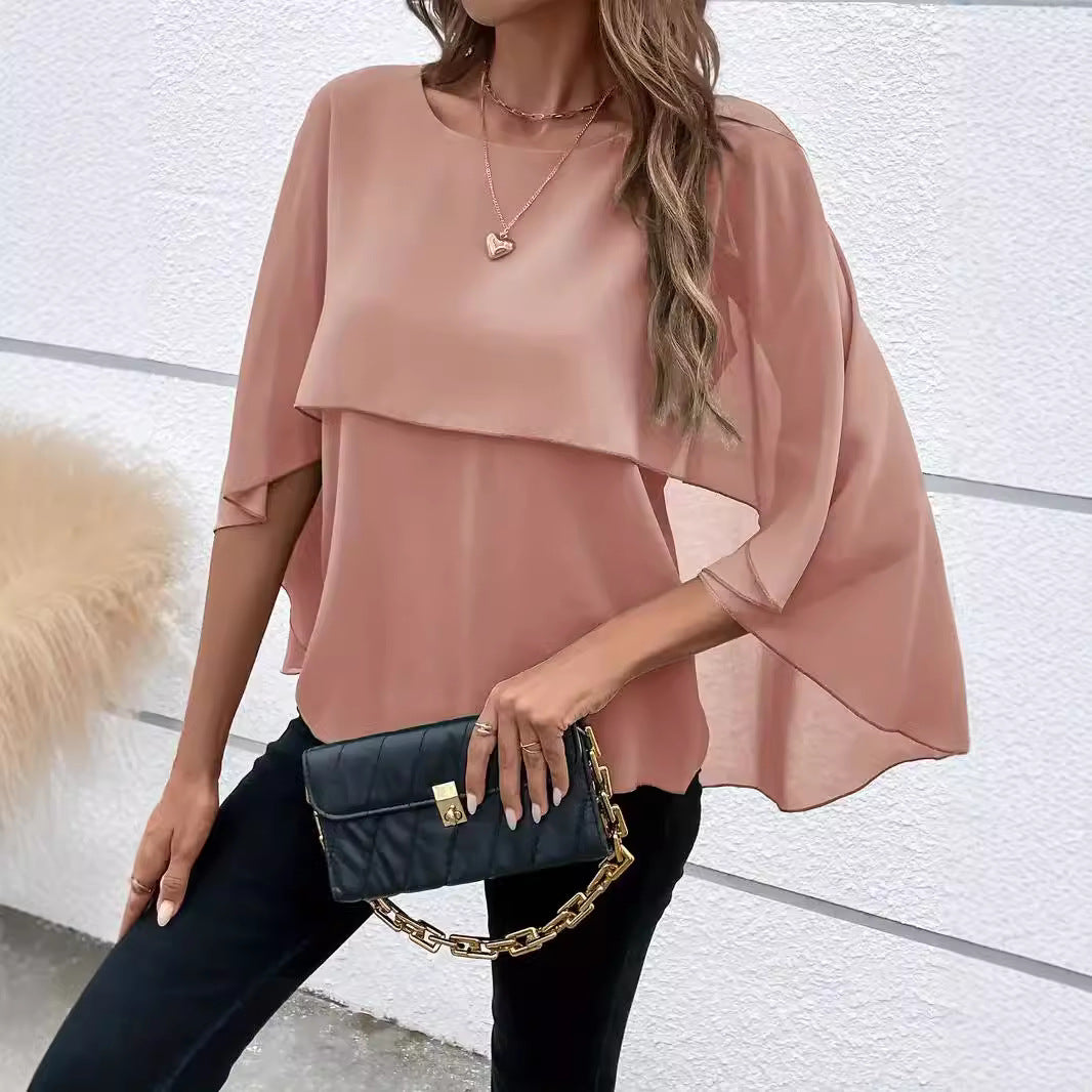 Women's All-match Round Neck Solid Color Layered Cape Sleeve Chiffon Shirt